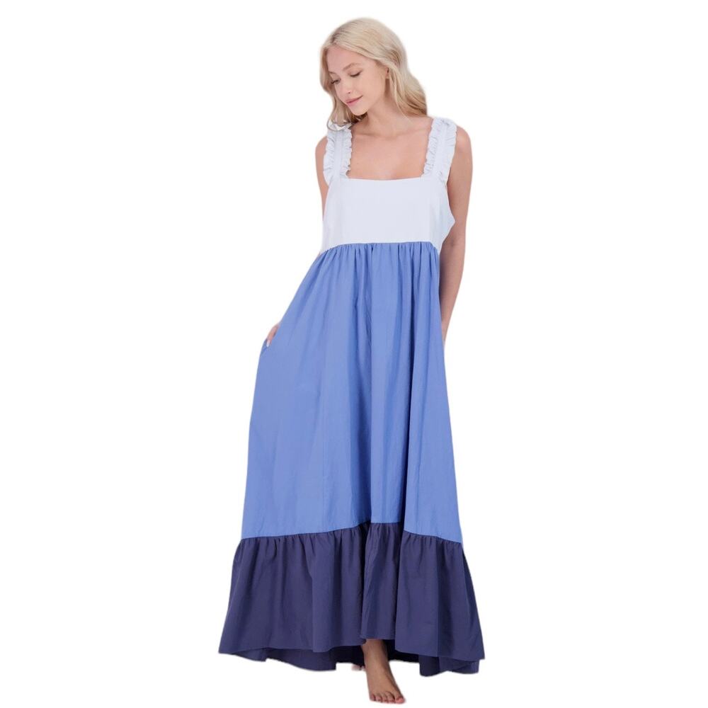 Stitchdrop Blue Color Block Ruffle Strap Cotton Maxi Dress size Small